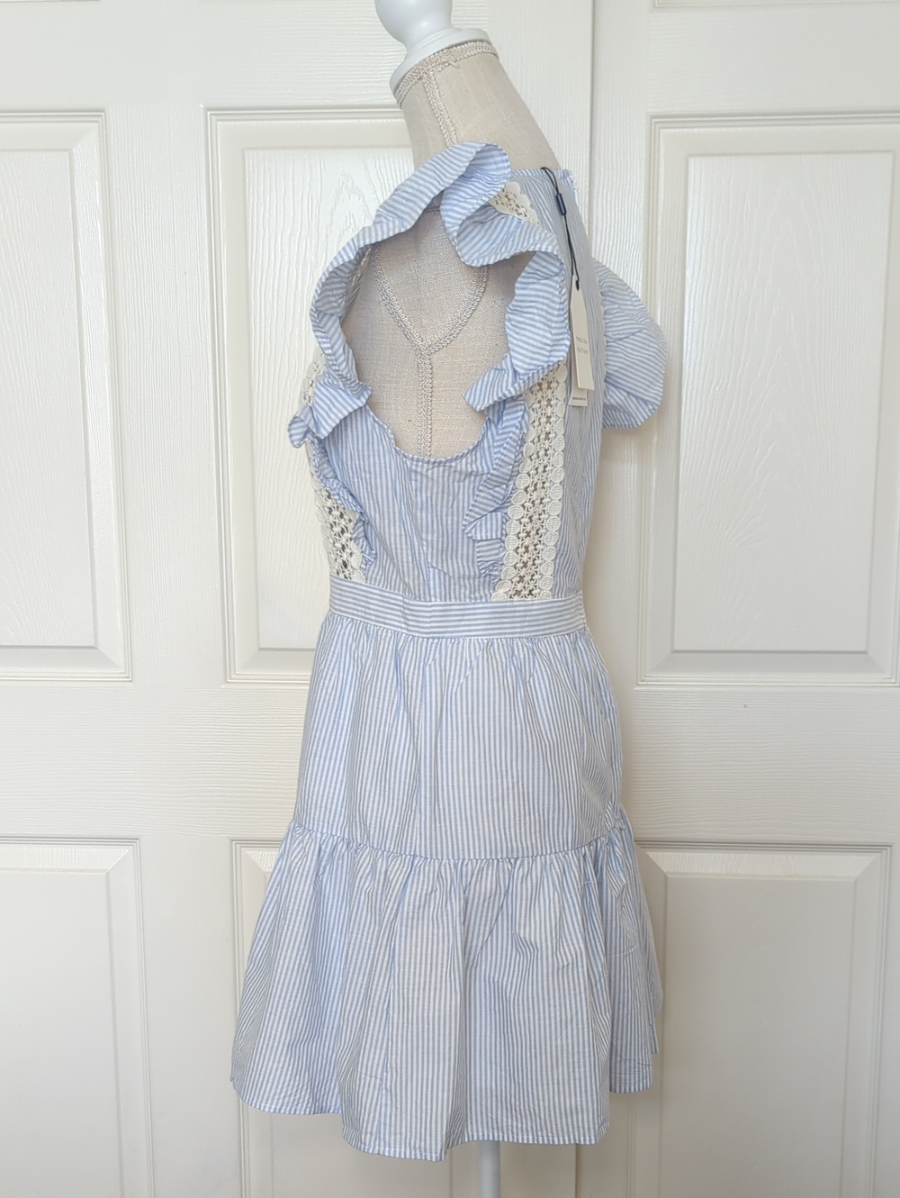 English Factory Blue Pinstripe Lace Trim Ruffle Sleeve Tiered Mini Dress - Picture 4 of 7